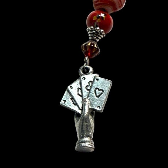 Artisan Glass Silver Tone Bead Hand Playing Card BAG CHARM KEYCHAIN ZIPPER Pull - Picture 2 of 8